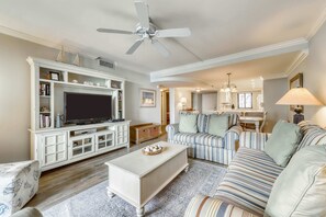 TV, DVD player - Modern Condo with Shared Pool and Hot Tub, Lagoon View, and Nearby Beach Access (Hilton Head)