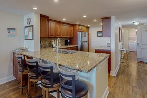 Fridge, microwave, oven, stovetop - Oceanfront Condo with Ocean View, Shared Pool/Hot Tub, and Nearby Beach Access (Hilton Head)