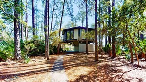 A modern house surrounded by tall trees, with a clear path leading to the entrance. - Unique Treehouse Haven with Marsh-Front Views & Large Deck - Walk to Harbour Town (Hilton Head)