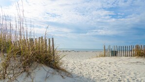 En sandstrand med et træhegn og høje græstyper.
