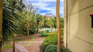 Ein Innenhof mit Pool, Palmen und einem Gebäude mit einem roten Fenster.