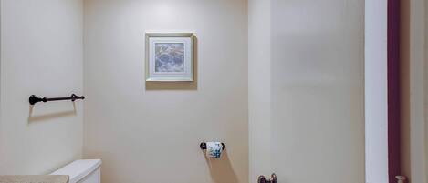 A small bathroom with a toilet, a sink, a towel rack, a framed picture on the wall, and a door.