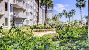 A multi-story hotel with balconies, surrounded by lush greenery and palm trees. - Oceanfront condo with pools, hot tubs, WiFi, washer, dryer, & central AC (Hilton Head)