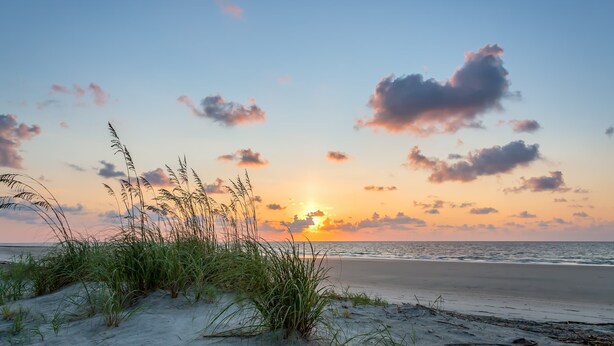 A beach with sand dunes and grasses, a sunset, and a calm sea. - Beach dream with balcony view & shared pool, just steps away from the beach (Hilton Head)