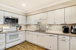 Fridge, microwave, oven, stovetop - Relaxing First-Floor Condo | Walk to Beach | Spacious Deck + Remote Work Setup (Hilton Head)