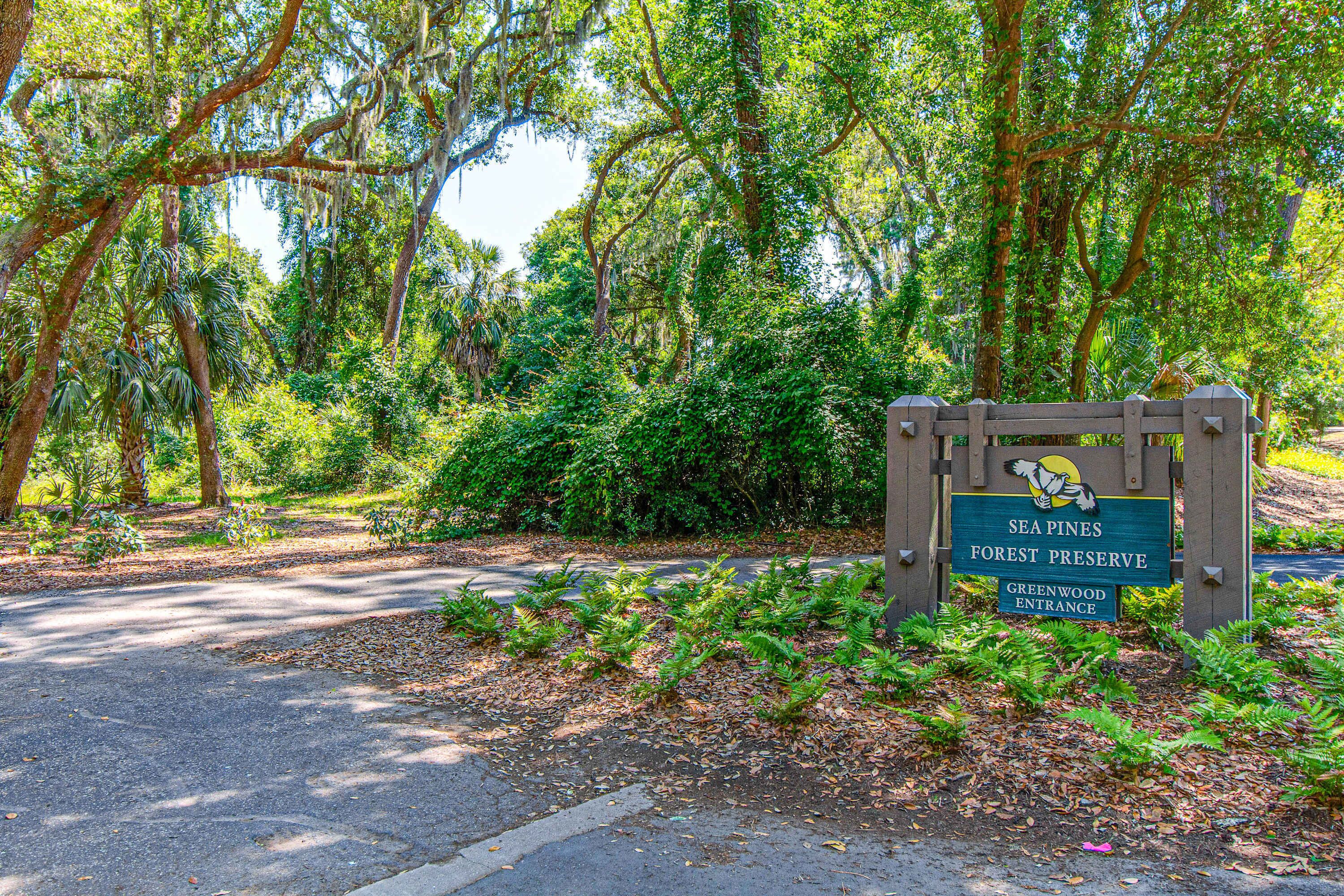 A sign for Sea Pines Forest Preserve with a road leading through a wooded area.
