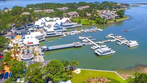 An aerial view of a marina with boats, a large building with a blue roof, and surrounding greenery. - Coastal charmer villa with cove front balcony & trolley  walk to beach (Hilton Head)