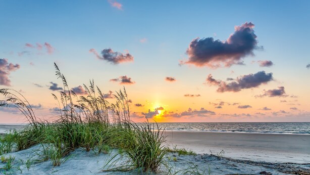 En strand med klitter og græs i forgrunden, og en solnedgang over havet.