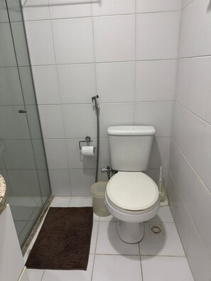 Regadera, secadora de cabello, toallas, papel de baño 