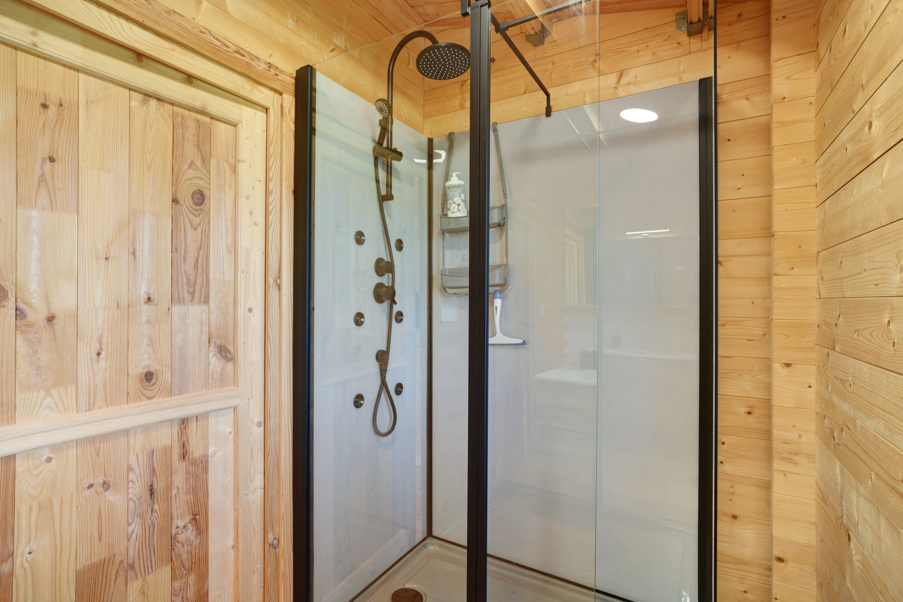 A wooden interior with a glass shower enclosure, a wooden door, and a metal showerhead.