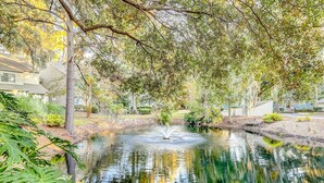A serene pond with a fountain, surrounded by trees and a well-maintained garden. - Snowbird Friendly villa with Golf View, Patio, Shared Pool, Tennis, AC, WiFi (Hilton Head)