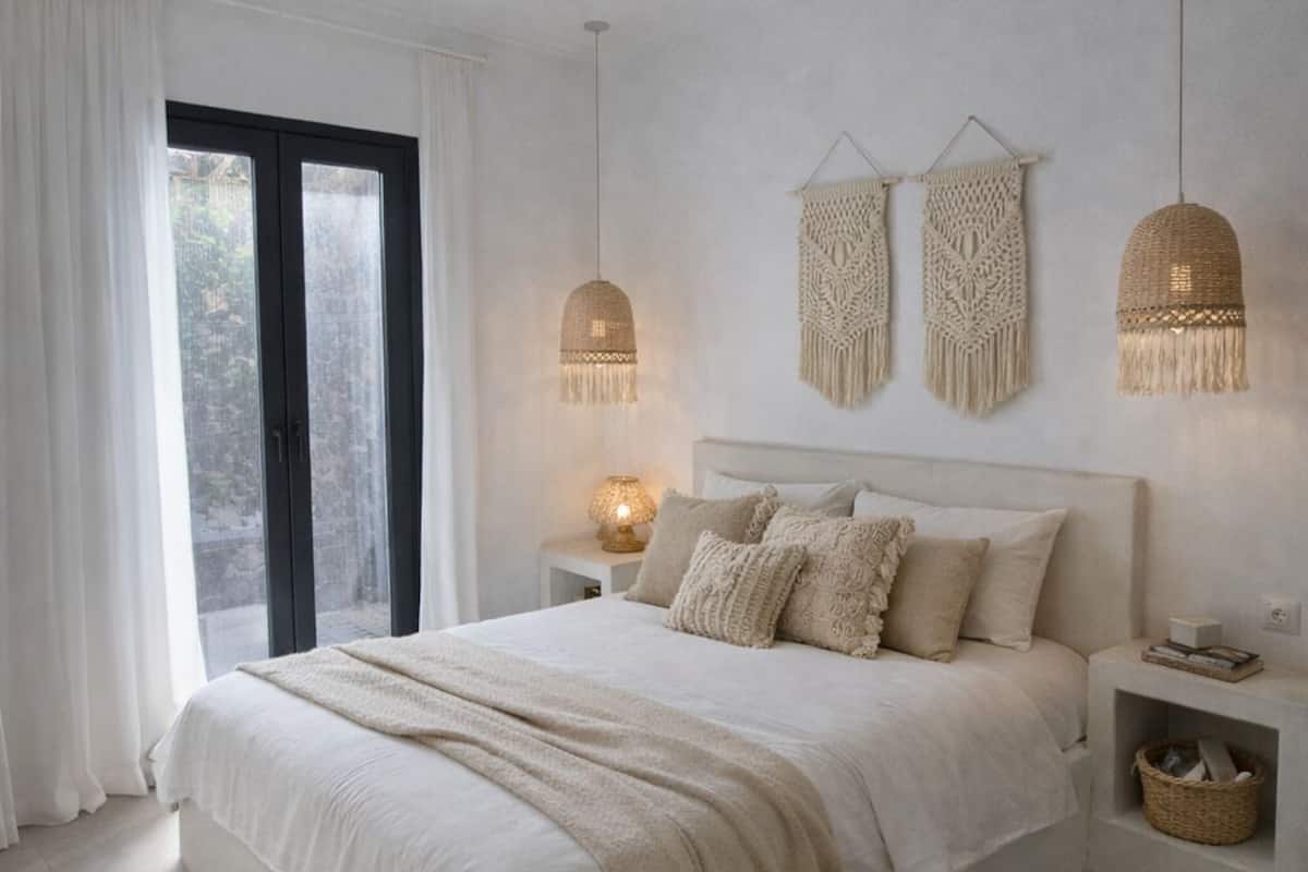 A bedroom with a large bed, bedside lamps, a woven rug, and a view through a window.