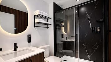 Shower, hair dryer, towels, shampoo
