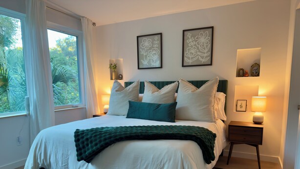 A bedroom with a large bed, a nightstand, a lamp, framed floral artwork, and a window with curtains. - Red Door Retreat- 1 mile to downtown St. Augustine! Pet-friendly! New on market! (St. Augustine)