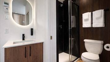 Shower, hair dryer, towels, shampoo