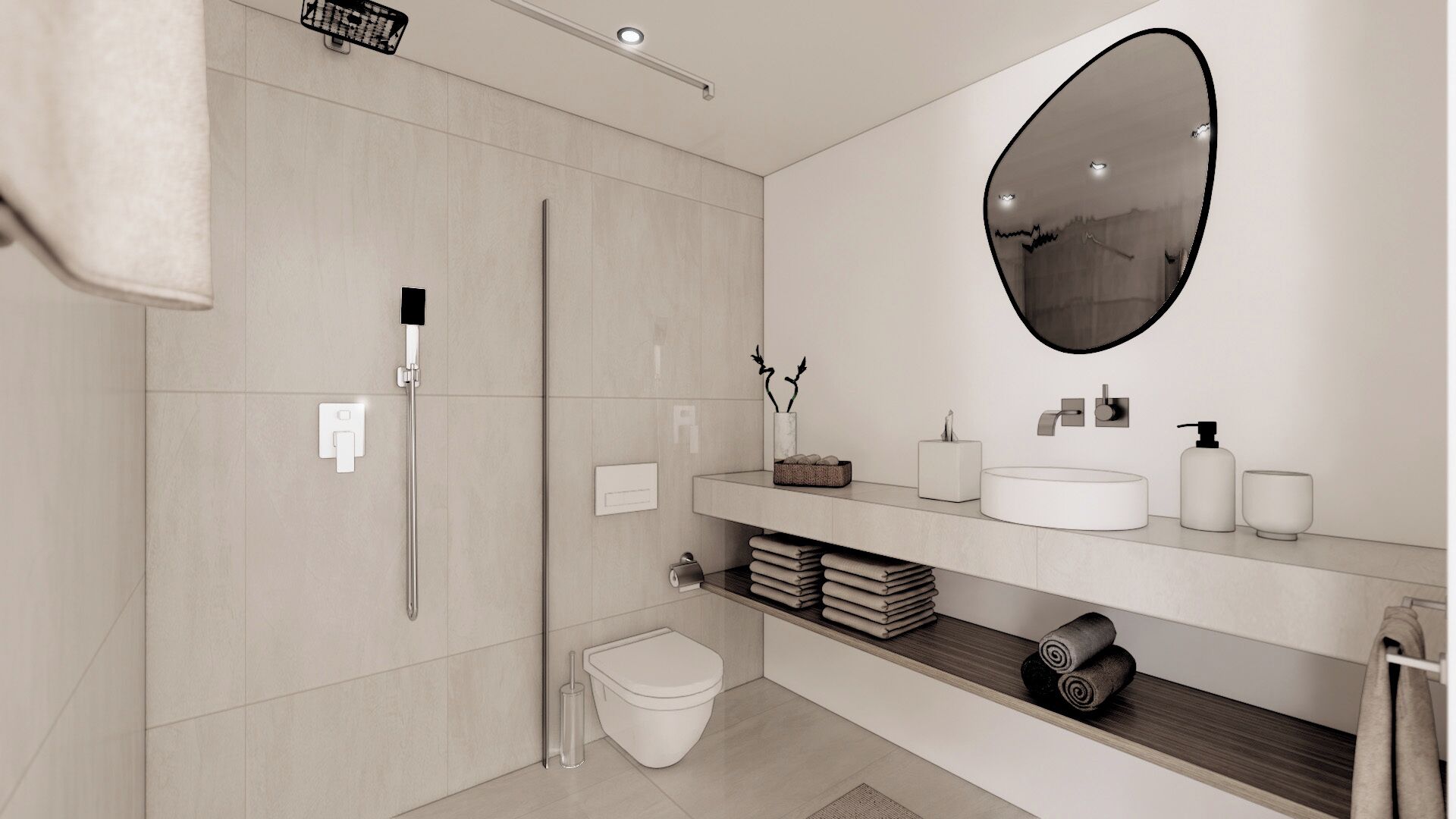 Douche, sèche-cheveux, serviettes fournies, savon