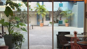 A glass door leading to an outdoor patio area with potted plants, wicker furniture, and a fire extinguisher on the wall. - Days Inn By Wyndham Playa Del Carmen (Playa del Carmen)