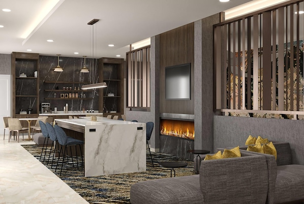 A modern living room with a fireplace, a TV, and a dining area with chairs and a table.