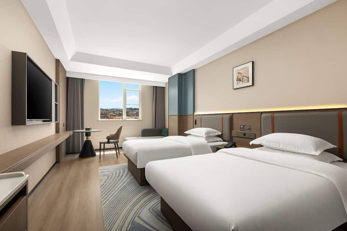 Una habitación de hotel con dos camas, televisión, escritorio y vistas a la ciudad.