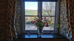 Una ventana con vistas a un paisaje rural, un jarrón con flores y cortinas a cuadros.