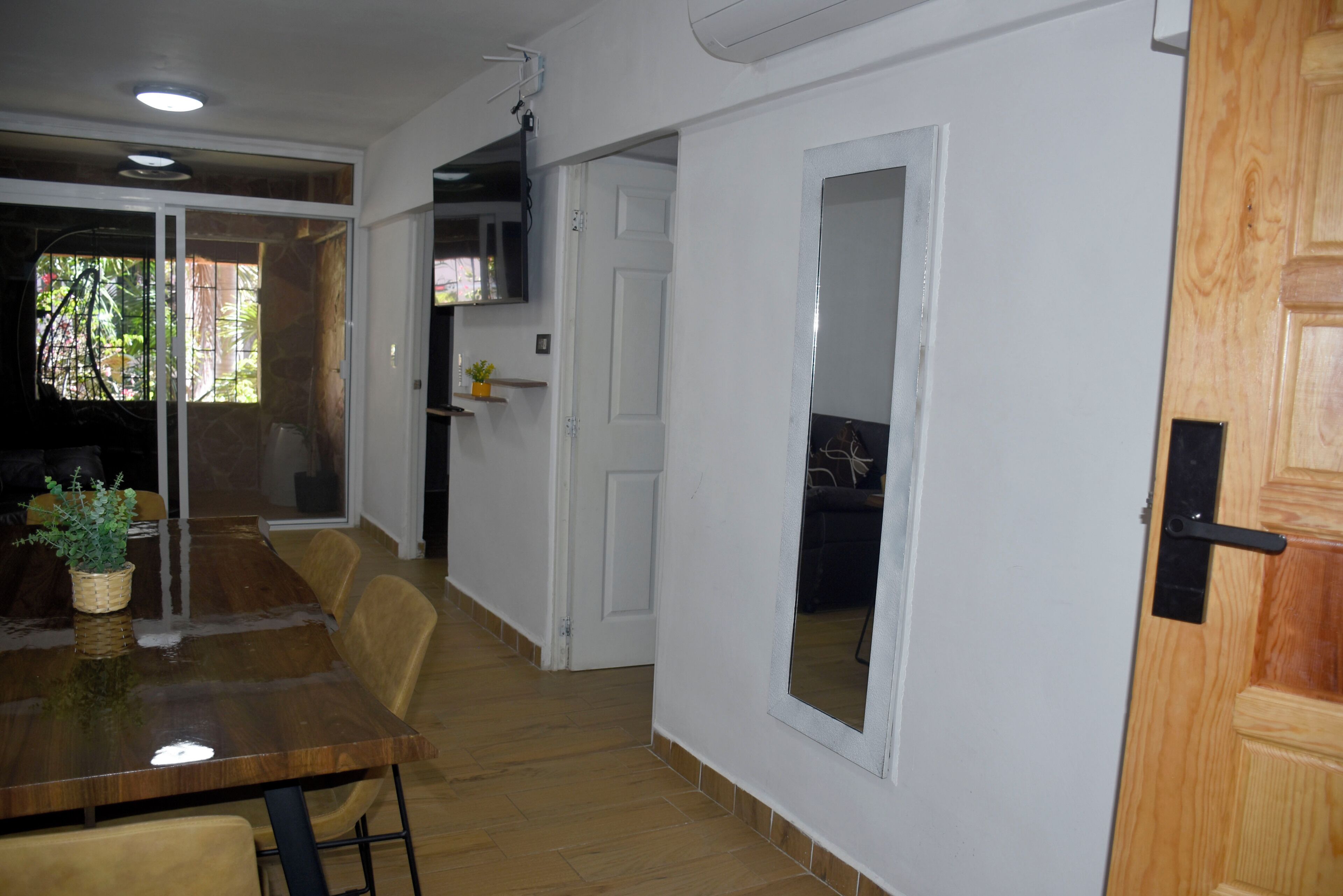 A dining area with a wooden table and chairs, a potted plant, and a view through a glass door.