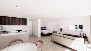 Un appartement moderne comprenant une cuisine, un coin repas et un salon, avec un parquet disposé en motif à chevrons et une grande fenêtre.