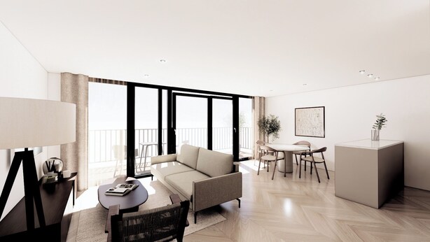 Un appartement moderne comprenant un salon, un coin repas et un balcon.