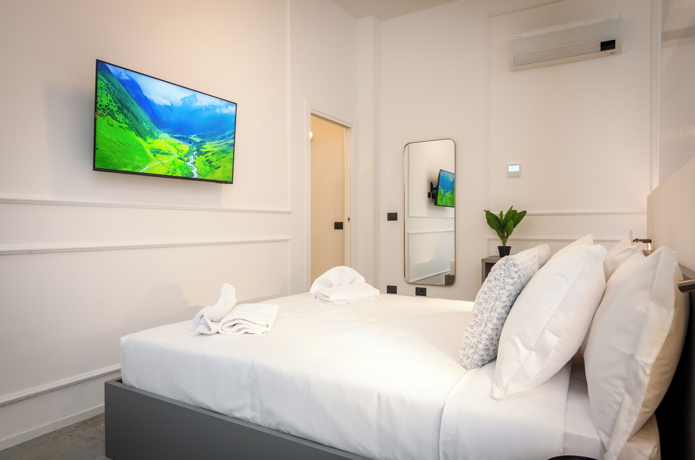 Een hotelkamer met een bed, een flatscreen televisie, een spiegel en een potplant.