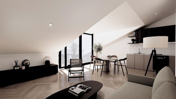 Un appartement moderne de style « loft », comprenant un coin repas, une cuisine et une grande fenêtre laissant entrer la lumière naturelle.