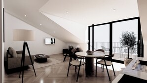 Un salon moderne comprenant un coin repas, un canapé, une table basse, une lampe, un téléviseur et un balcon avec vue.
