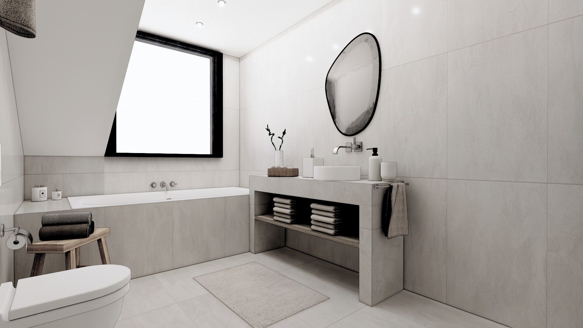 Shower, hair dryer, towels, toilet paper