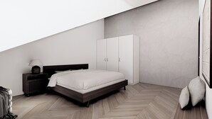 Une chambre à coucher comprenant un lit, une table de chevet, une lampe, une armoire et un parquet à motifs en chevrons.