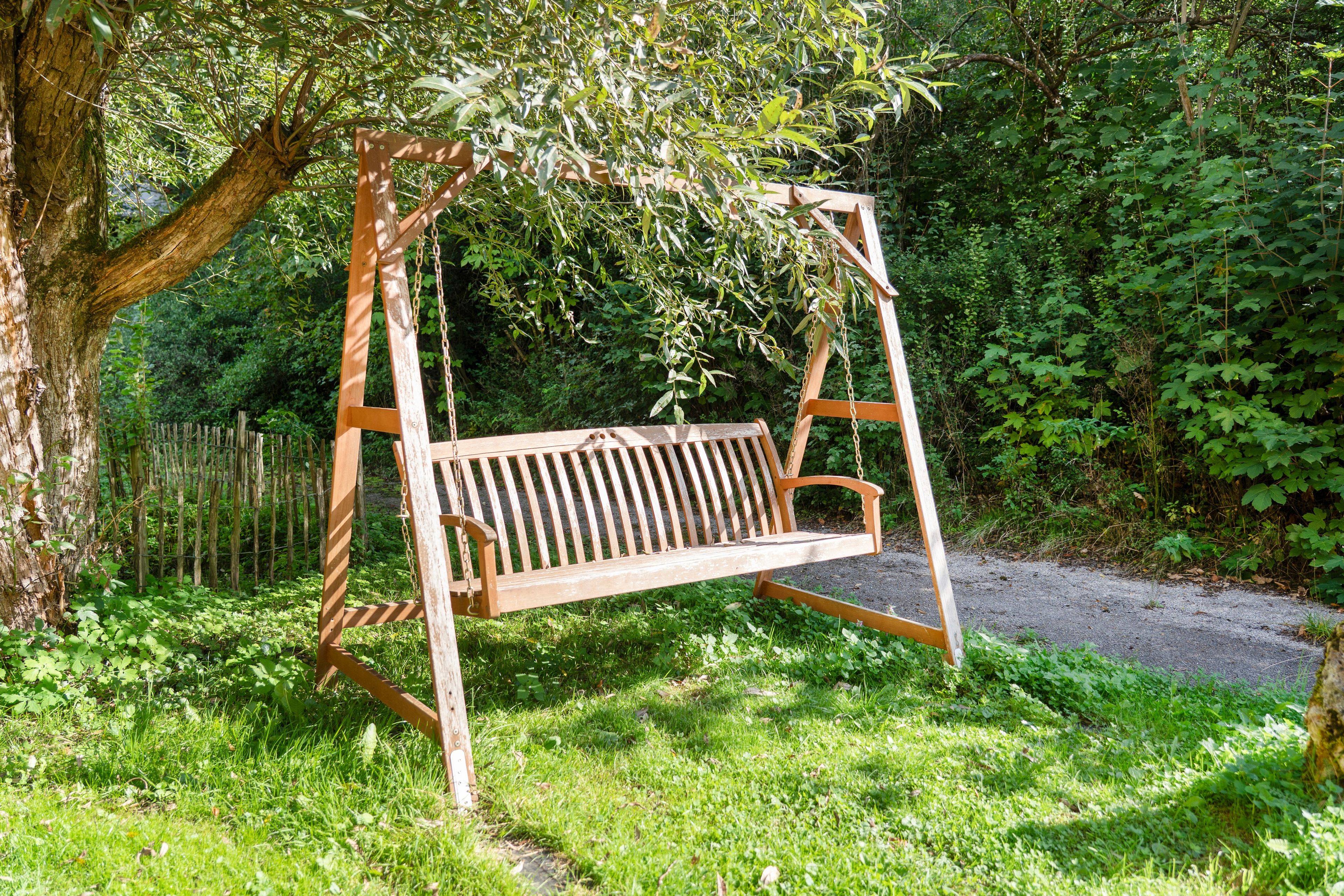 Eine Holzschaukel in einem üppigen Grünpark.