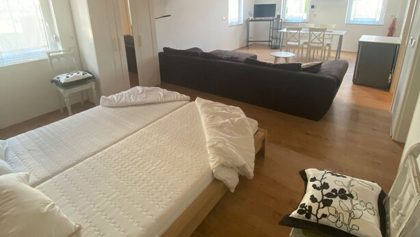 A room with a bed, a sofa, a dining table, and a TV.
