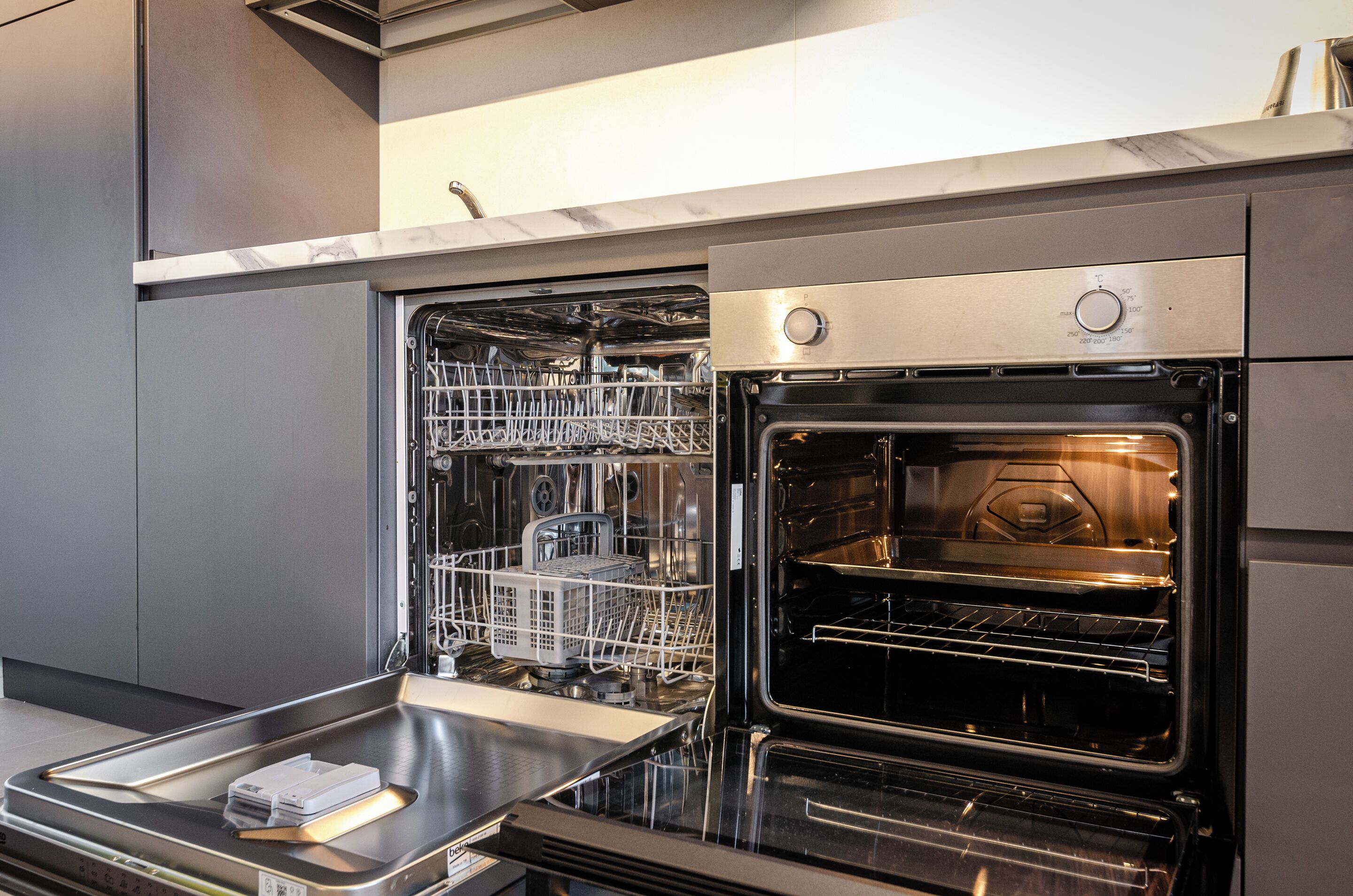A kitchen with a dishwasher and an oven.