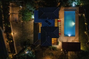An aerial view of a property with a swimming pool, a covered patio, and a garden area. - Villa 151 Luxury Villa - Private Pool and Tennis Court (Kouklia)