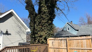 A backyard with a wooden deck, turquoise chairs, and a large tree. - Modern, cozy, 2 bedroom, 1 bath home in Central Elkhart.  (Elkhart)
