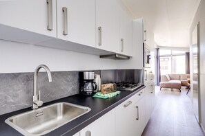 A modern kitchen with a stainless steel sink, a coffee maker, and a box of tissues. - Lessenaar 23 | 6 persoons chalet in Zennewijnen (Zennewijnen)