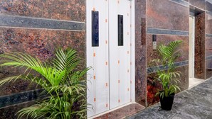 A hallway with a white elevator, granite walls, and potted plants. - Townhouse Kukatpally Formerly SV Royal (Hyderabad)