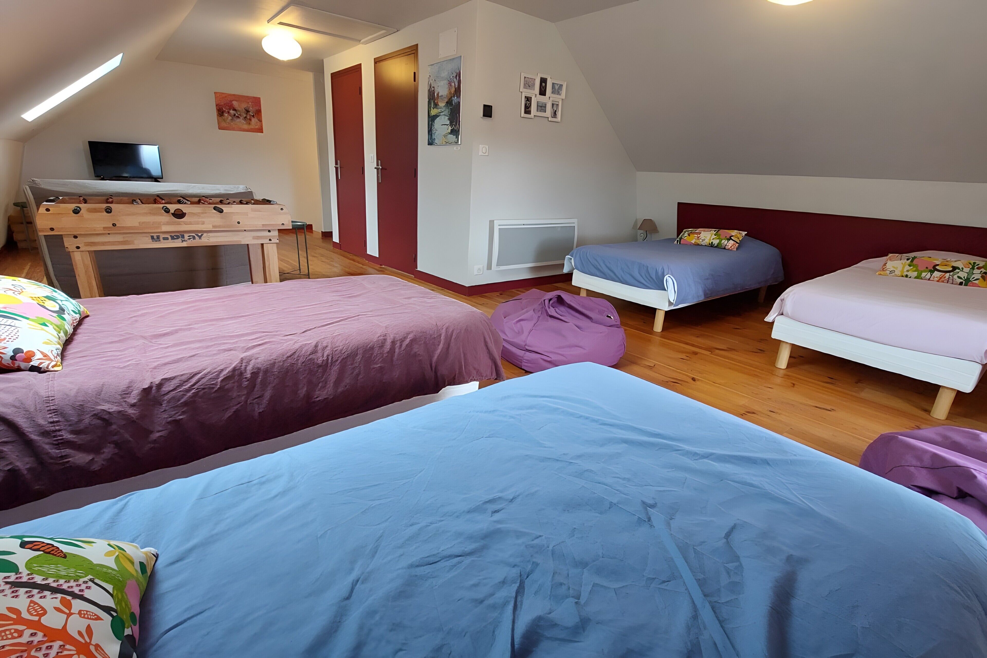 A dormitory room with two beds, a desk, a TV, and a loft bed.