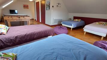 A dormitory room with two beds, a desk, a TV, and a loft bed.