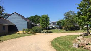 A residential area with a gravel driveway leading to a house with a blue exterior.
