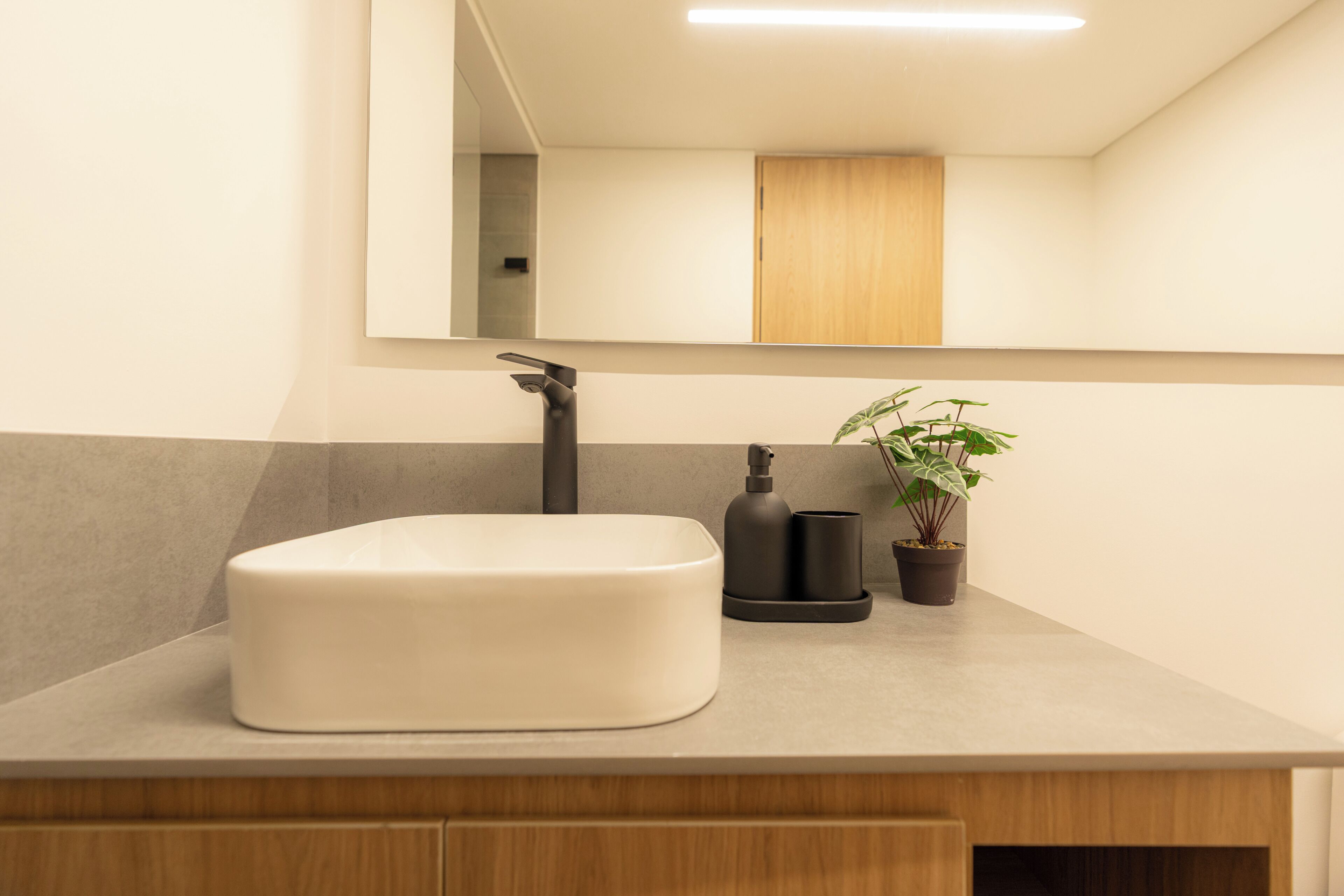 Un bagno con un lavandino bianco, uno specchio sopra, un mobiletto in legno sotto e una pianta in vaso sul ripiano.