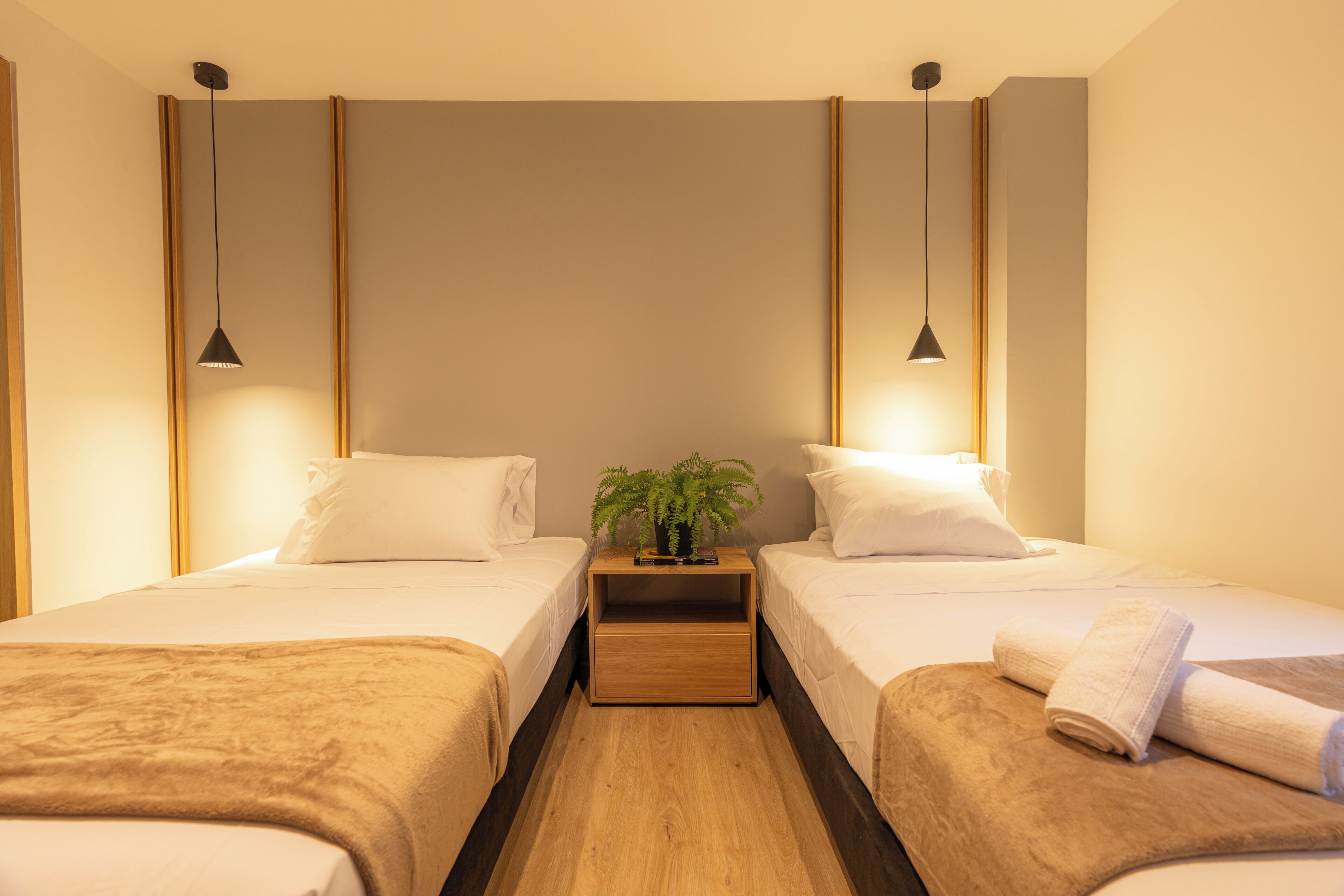 Habitación de hotel con dos camas, una mesita de noche con una planta e iluminación colgante.