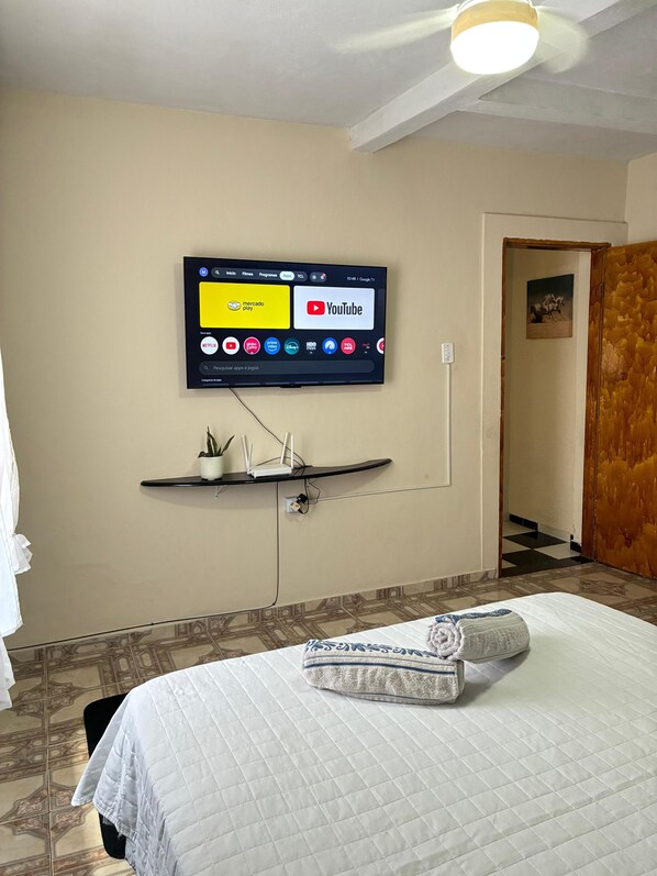 Une chambre d’hôtel avec un lit, un téléviseur fixé au mur qui diffuse différents services de streaming, une petite étagère avec une plante et une porte donnant sur une autre pièce.