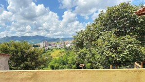 A balcony with potted plants, a view of a town, and a clear sky. - A haven of tranquility, a house close to the center of São Lourenço. (São Lourenço)