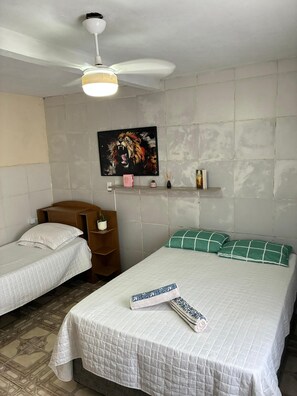 Une chambre avec deux lits, un ventilateur de plafond, un tableau et une étagère avec divers objets.