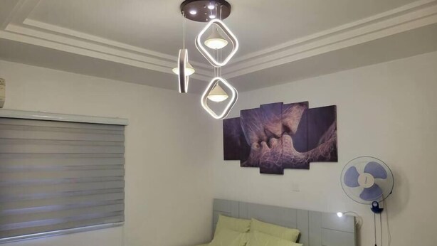 Een slaapkamer met een bed, een kunstwerk aan de muur, een plafondlamp en een wandventilator.