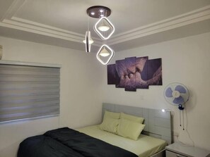 Een slaapkamer met een bed, een kunstwerk aan de muur, een plafondlamp en een wandventilator.