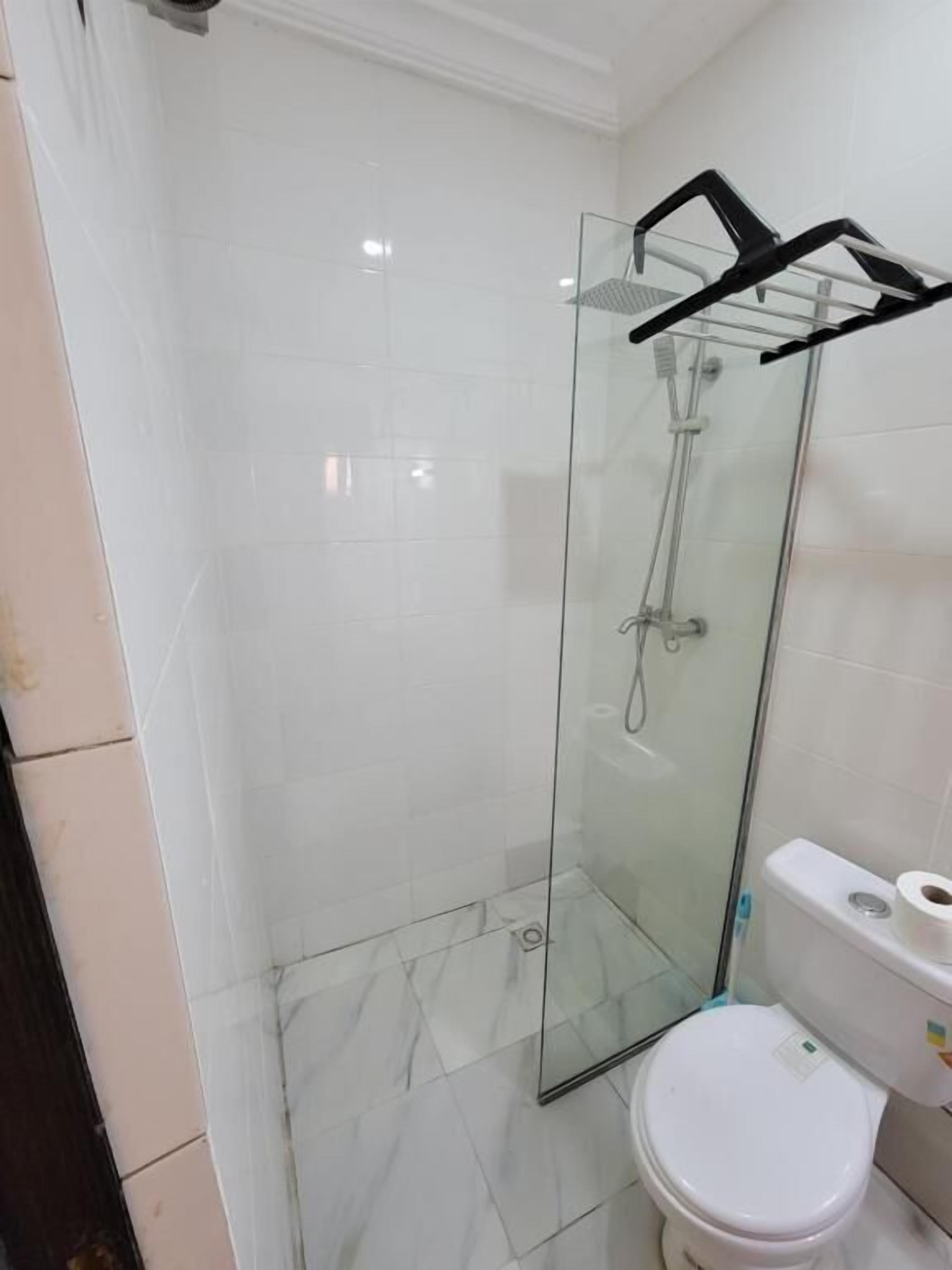 Shower, towels, toilet paper